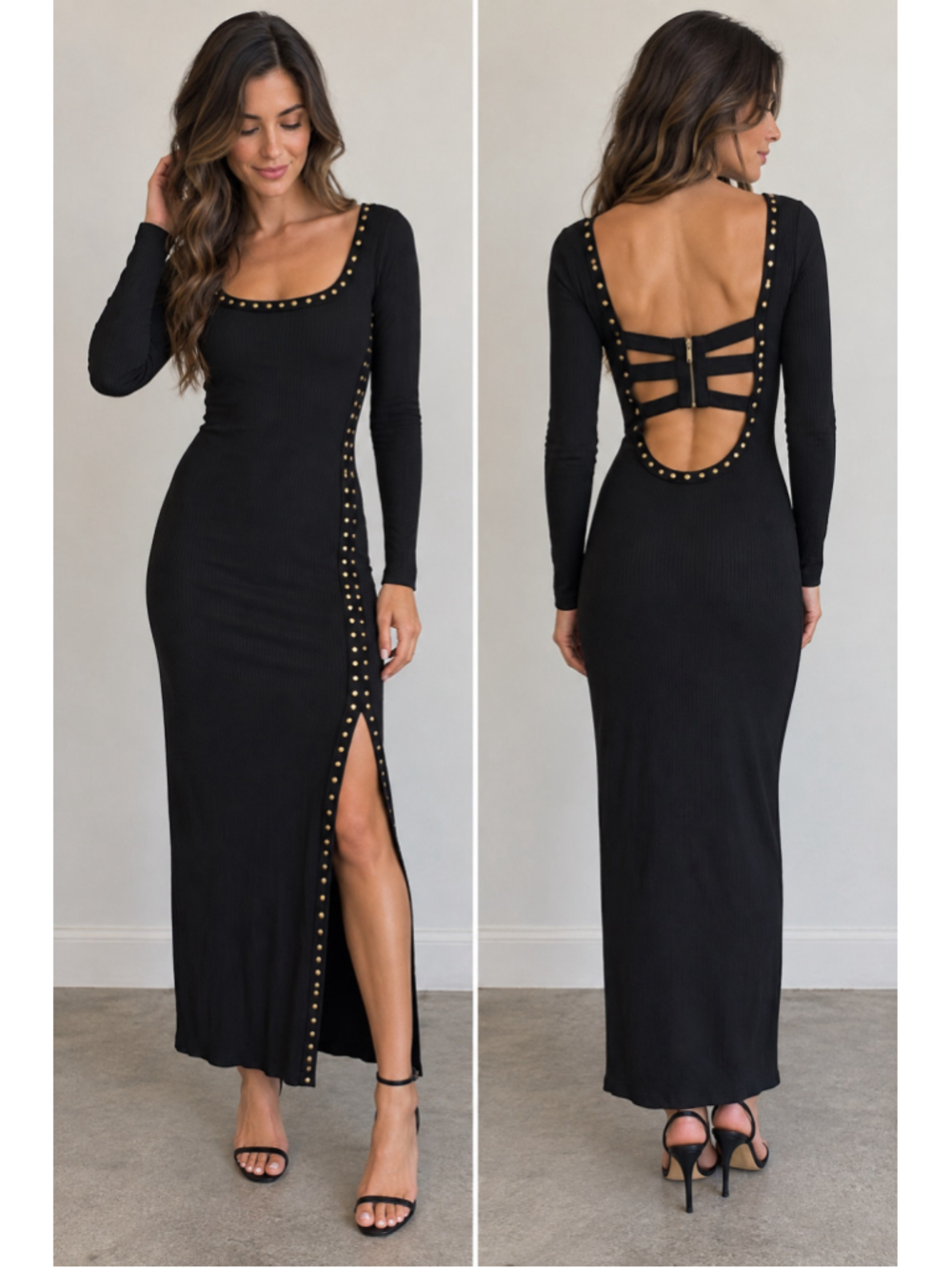 Free People Black Studded Maxi Dress Size S Open Back Side Slit Long Sleeve Y2K